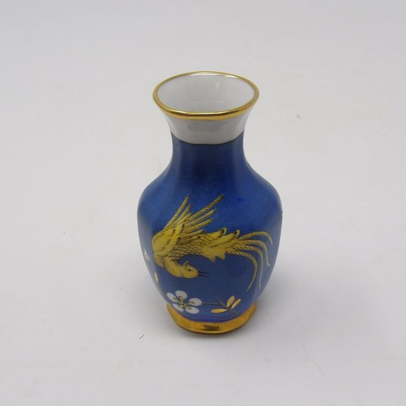 Vintage Oriental Porcelain Vase Blue with Yellow Pheasant Bird Gold Accents and - Picture 7 of 10